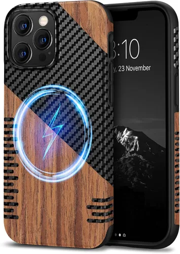 Vista 9 de TENDLIN Compatible con iPhone 13 Pro Max, funda de grano de madera con textura de fibra de carbono, funda híbrida de cuero compatible con iPhone 13