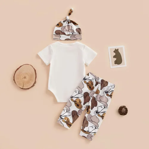 Vista 4 de SAYOO Western Newborn Baby Boys Cowboy Outfit Cow Print Letter Bodysuit Long Leggings Cap 3pcs Infant Boy Country Clothes