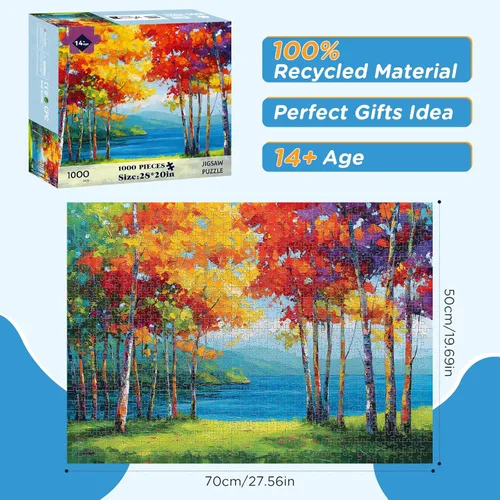 Vista 2 de Rompecabezas de 1000 piezas para adultos, bosques y lagos en estilo de pintura al óleo, rompecabezas de arte colorido, un juego familiar desafiante