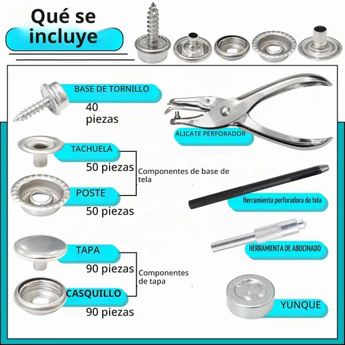 Vista 3 de Kit de 324 broches de presión de lona de acero inoxidable con herramienta de ajuste de grado marino, cubierta de botón, accesorios de cierre