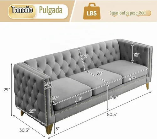 Vista 2 de Sofá de terciopelo de 3 plazas, cómodos sofás para sala de estar, sofá moderno con respaldo copetudo y decoración de remaches, sofá largo tapizado