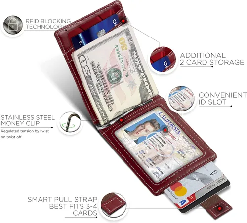 Vista 4 de SERMAN BRANDS - Billetera sencilla de cuero genuino con bloqueo RFID para hombre, billetera delgada con bolsillo frontal y clip para dinero