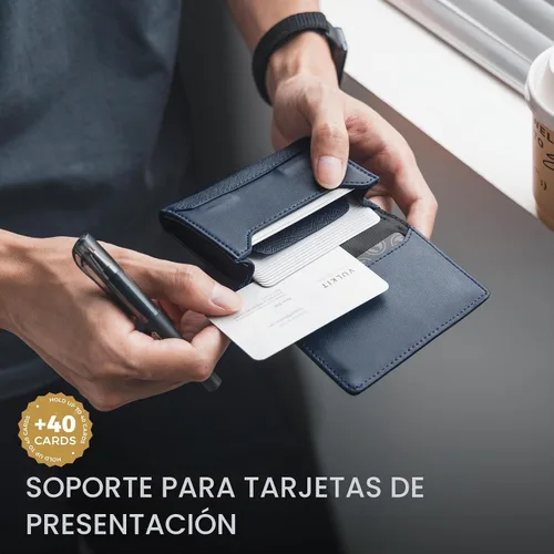 Vista 2 de VULKIT Tarjetero de cuero de primera calidad con bloqueo RFID con ventana de identificación, cierre magnético con capacidad para hasta 40 tarjetas