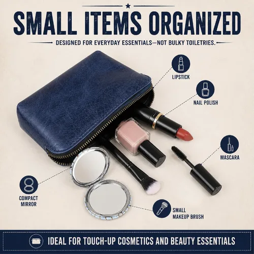 Vista 3 de Bolsas de Cosméticos de Cuero Azul Para Mujeres Juego de Viaje – Monedero con Cremallera Hecho a Mano Juego de Bolsas de Maquillaje Azul Pequeñas
