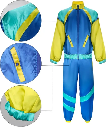 Vista 7 de NIHONCOS Disfraz de fiesta de los años 80 para hombre, chaqueta retro, pantalones, diadema, brillante, traje de Halloween, cosplay, baile