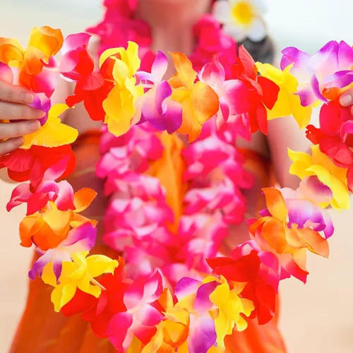 Vista 7 de 6 juegos de faldas hawaianas de hierba Leis para fiesta Luau, falda hula con diademas, pulseras tropicales decoraciones de fiesta, multicolor