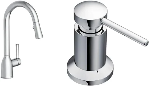 Vista 20 de Moen Adler Grifo de fregadero de cocina cromado de un solo mango con arco alto y fuerza de limpieza, llave de cocina moderna con rociador extraíble