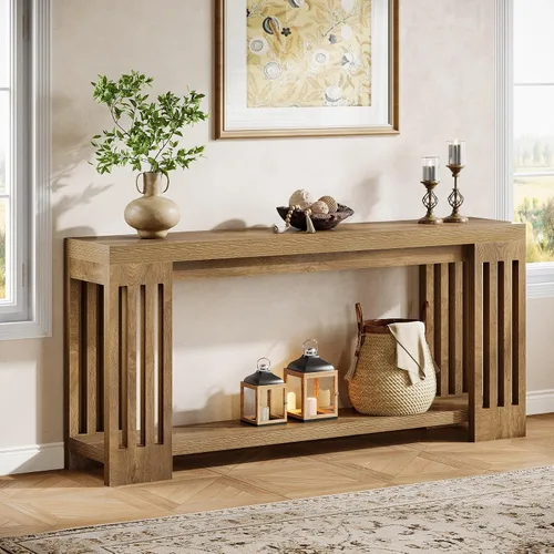 Vista 5 de Tribesigns Mesa consola de granja, mesa de sofá de 70.9 pulgadas detrás del sofá con patas verticales a rayas, muebles de entrada de 2 niveles