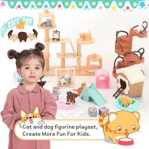 Vista 2 de BananMelonBM Juego de 67 piezas de figuras de mascotas de gatos y perros, juguete de simulación para niños, creativo, DIY, realista, detallado