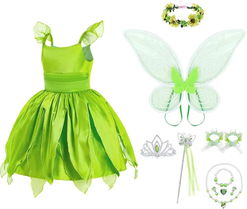 Vista 6 de Disfraz de hada de flores, conjunto de disfraz de princesa para niñas, Tinker Bell ropa para Halloween, disfraz de cosplay con ala, verde