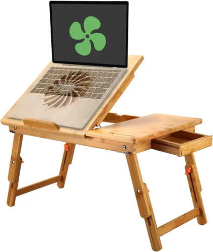 Vista 10 de Mesa para laptop Nnewvante ajustable de bambú, bandeja plegable para servir el desayuno en la cama con cajón superior inclinable