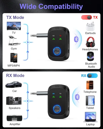 Vista 9 de Receptor transmisor Bluetooth 5.4, adaptador de audio inalámbrico 2 en 1 compatible con 2 auriculares, llamadas manos libres, 11.5H RX/10H TX