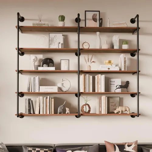 Vista 12 de Estante industrial de tubo de hierro de 5 niveles, estantería de tubo de 48 pulgadas con tablón de madera maciza, estantes abiertos para libros