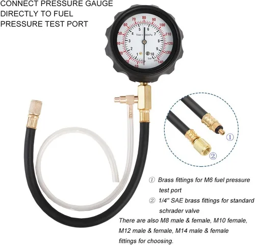 Vista 5 de Kit de medidor de presión de bomba de inyección de combustible JIFETOR TU-114 Car Gasoline Gas Fuel Oil Injector Test Manometer Tool Set 0-140PSI