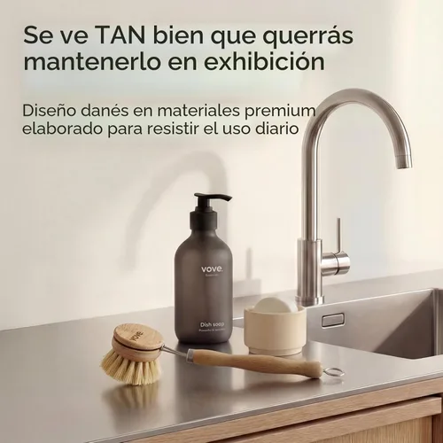 Vista 6 de Vove Cepillo de bambú para platos con 3 cabezales de repuesto, cepillo de cocina sin plástico para ollas, sartenes y platos, mango de bambú