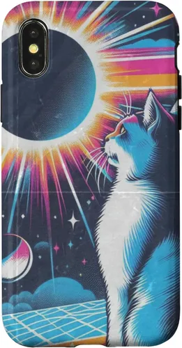 Vista 4 de iPhone 15 Cat Solar Eclipse - Synthwave Retro Poster Style Case