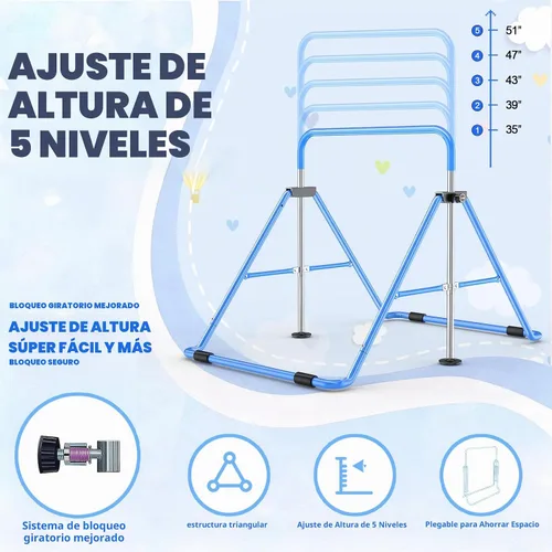 Vista 3 de Safly Fun Foldable Gymnastics Bar for Kids, Adjustable 35"-51", Sturdy 145 lbs Capacity, Easy-to-Assemble, Gymnastics Equipment for Kids for Azul