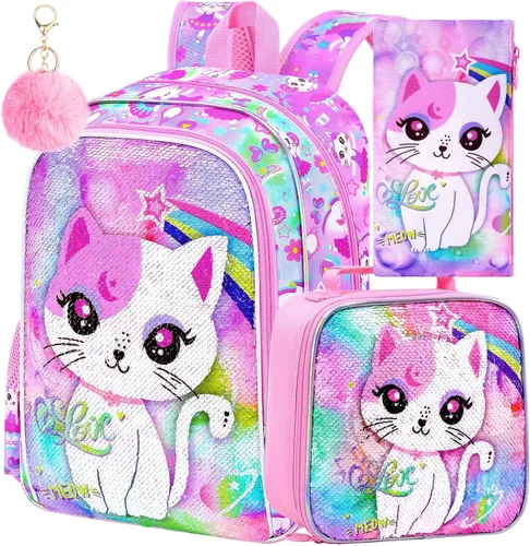 Vista 14 de KLFVB 3 mochilas de sirena de unicornio para niñas, bolsa de libros y lonchera de lentejuelas de 16 pulgadas, mochilas preescolares para primaria