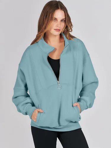 Vista 2 de ANRABESS Sudaderas de forro polar con media cremallera para mujer, de gran tamaño, con cremallera de un cuarto, ropa de moda para otoño de 2024