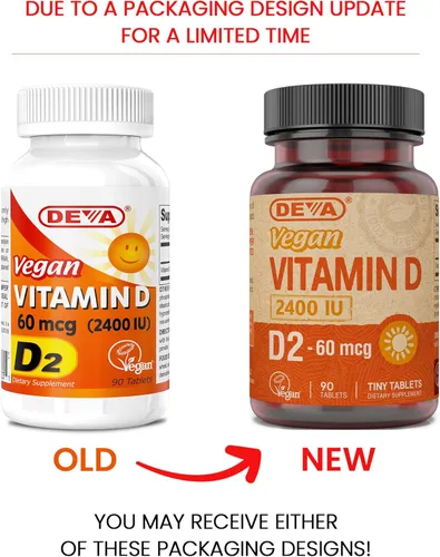 Vista 2 de DEVA Vitamina D2 vegana 60 mcg 2400 UI, suplemento de ergocalciferol sin ingredientes animales, 90 tabletas (paquete de 2)