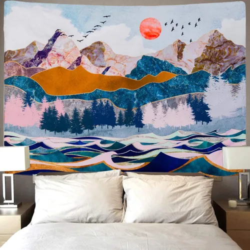 Vista 4 de SENNYI - Tapiz para colgar en la pared de montaña y puesta de sol, árboles, naturaleza, paisaje, decoración del hogar para habitación