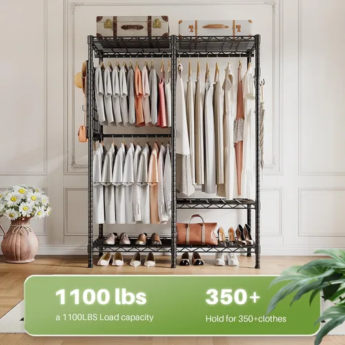 Vista 2 de HOKEEPER Percheros de ropa resistentes para colgar ropa, cargas de 1100 libras con tablero de malla lateral y ganchos, armarios portátiles