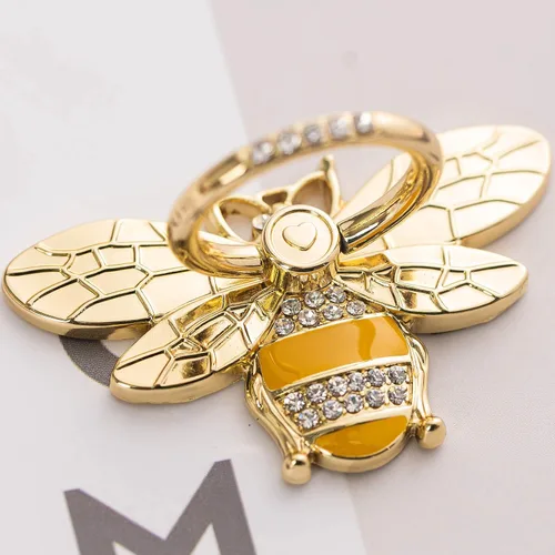 Vista 2 de Lindo soporte de anillo de teléfono de abeja amarilla para niña, apicultor de metal para teléfono iPhone y Android, resina de oro amarillo de 18