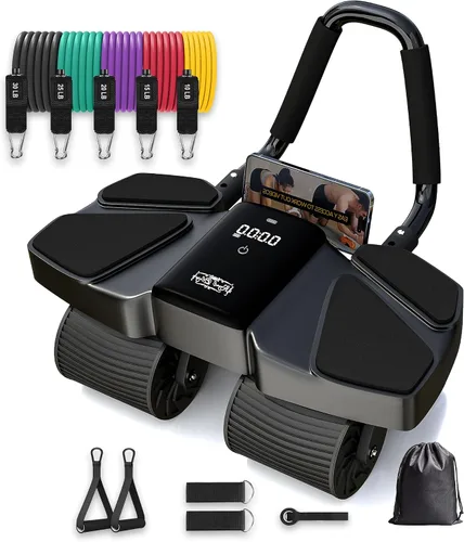 Vista 8 de Ab Roller - Equipo de gimnasio en casa – Rodillo muscular de 4 ruedas con pantalla LCD, 5 bandas de resistencia, correas de tobillo, anclaje