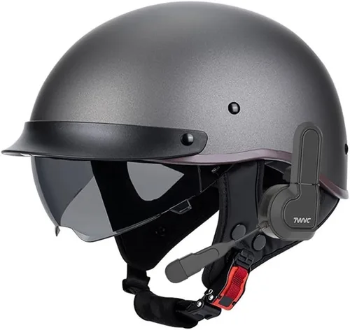 Vista 11 de Casco de motocicleta con Bluetooth, estilo alemán, casco abierto, aprobado por DOT, micrófono con altavoz integrado con visera retráctil