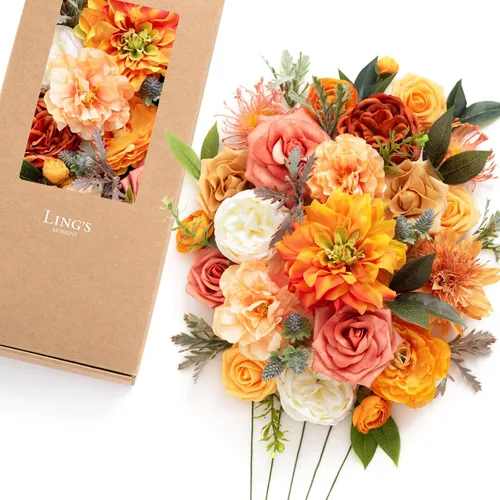 Vista 35 de Ling's moment Caja de Flores Falsas, Tallos de Vegetación Artificial Falsa Rosas de Espuma Dalia Hortensia de Seda Peonía Flor de Tela para Centros