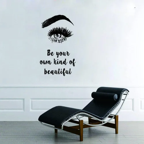 Vista 6 de Calcomanía de pared de pestañas y maquillaje, con texto en inglés «Be Your Own Kind of Beautiful Quote», adhesivo de vinilo extraíble para salón