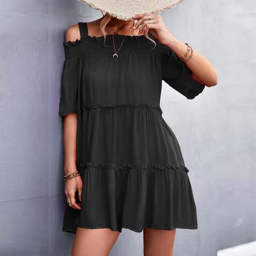 Vista 2 de BONIXOOM Vestido casual de vacaciones para mujer, de verano, con un hombro, con volantes, suelto, minivestido liso, lindo vestido de playa