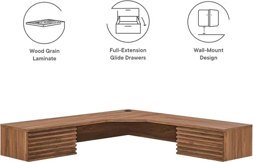 Vista 7 de Modway EEI-6181-WAL Render - Escritorio de oficina esquinero para montaje en pared, nogal