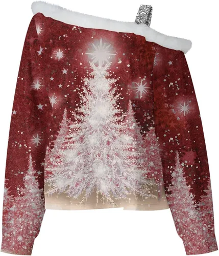 Vista 4 de SIUMOPA Sexy Sweatshirt for Women Cropped Shoulder Loose Fit Pullover Shirts Christmas Pattern Print Blouse Sweater Cute Top
