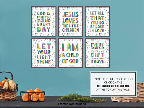 Vista 9 de Arte de pared para niños, religión, cristianismo, regalo de bebé para niñas, niños, juego de decoración de habitación de bebé, Fe Dios, Escritura