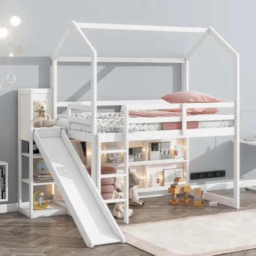 Vista 11 de Harper & Bright Designs Cama alta de tamaño matrimonial con tobogán, cama alta de madera, marco de cama tipo loft con techo y barandilla, cama alta