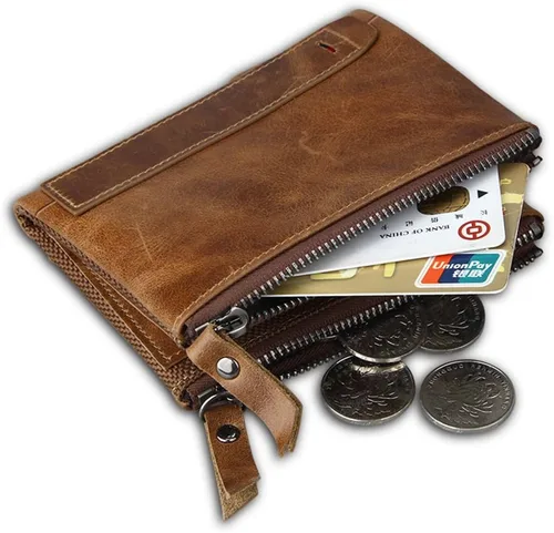 Vista 3 de Monedero plegable para hombre, de piel auténtica, con cremallera, cambio, monedero