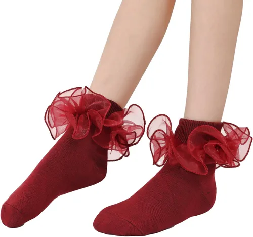 Vista 2 de Dicry Calcetines de doble encaje con volantes grandes para bebés y niños pequeños