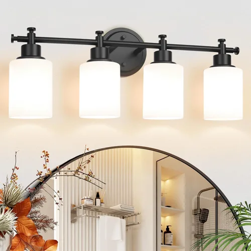 Vista 11 de Lámparas de baño negras de 3 luces, modernas luces de tocador sobre el espejo, apliques de pared de baño con pantalla de vidrio blanco, enchufe E26