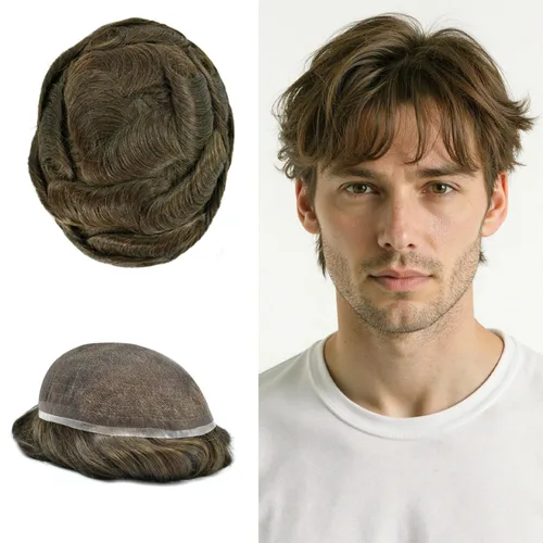 Vista 129 de PUNRU HAIR Completo Swiss Lace Toupee para hombres Sistema de cabello humano real Sistema de reemplazo de cabello humano para hombre Toupee