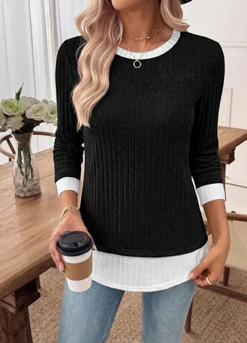 Vista 3 de WIHOLL Camisas de manga larga para mujer, trajes de otoño, suéteres ligeros Negro - blanco
