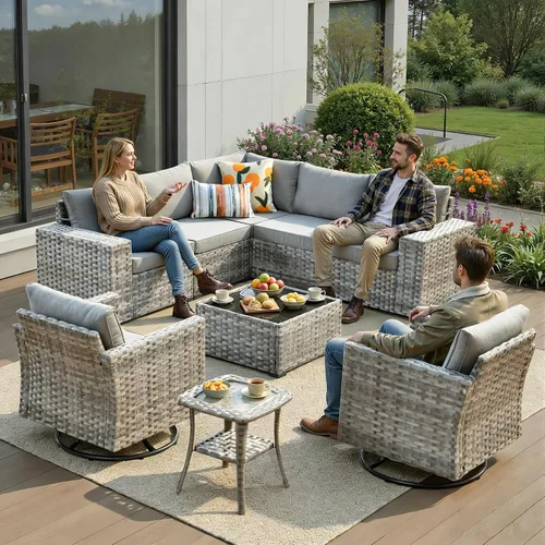 Vista 13 de Juego de muebles de patio de 6 piezas, sofá modular de mimbre para exteriores con mesa auxiliar, cómodos cojines, moderno sofá modular de ratán
