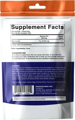 Vista 9 de Vitamatic Myo-inositol en polvo 2000 mg por porción 17.64 oz (250 porciones) Polvo puro Sin azúcar Sin rellenos Sin OMG Suplemento