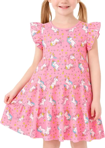 Vista 19 de Vestido casual para niñas, de algodón suave, manga corta, transpirable, acampanado, para adolescentes, talla 2T, 3T, 4T, 5, 6, 7, 8, 9, 10, 12, 13