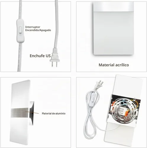 Vista 4 de KICAAO Apliques de pared, moderno aplique de pared enchufable, 10 W, 6000 K, luces de pared acrílicas blancas frías con cable de enchufe