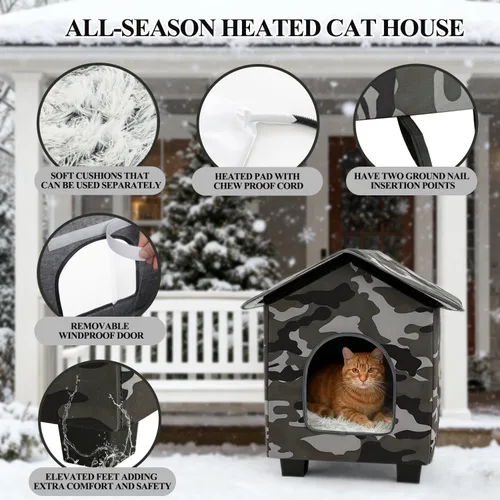 Vista 2 de Casa para gatos con calefacción al aire libre, casa elevada y aislada resistente a la intemperie para exteriores, refugio para gatos con almohadilla