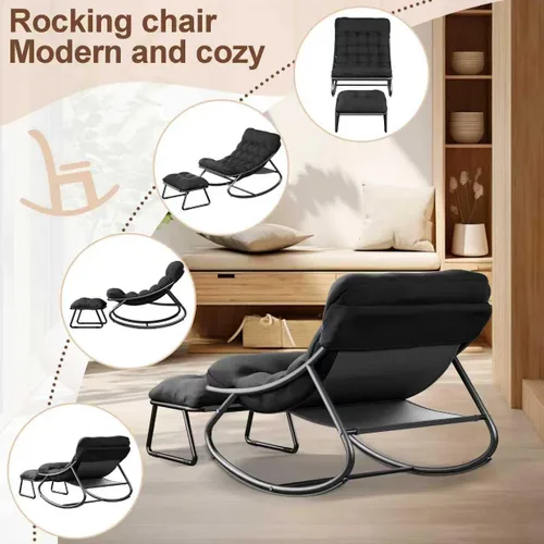 Vista 8 de Mecedora para interiores, cómoda silla de patio, mecedora con otomana y marco de metal resistente, sillas de balcón con cojín grueso, silla mecedora