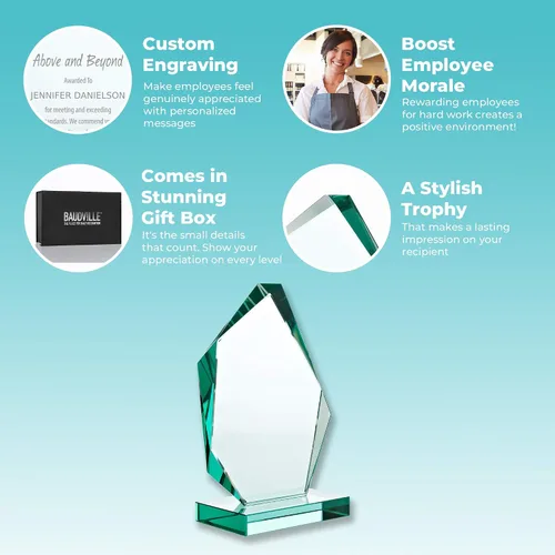 Vista 4 de Baudville Trofeo de cristal de jade grabado, premio para empleados, en forma de pico con detalles cincelados y base rectangular, grabado
