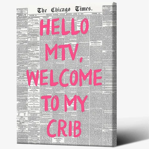 Vista 9 de DVBOCS Pósteres retro de Hello Mtv Welcome To My Crib, fuente rosa, arte de pared en lienzo de periódico, impresiones de pintura de afirmación