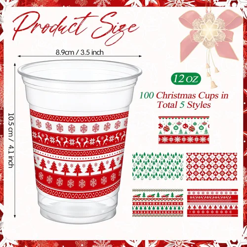 Vista 2 de Qinyoung 100 Piezas Vasos de Plástico de Navidad de 12 onzas Vasos Desechables de Navidad Rojo y Verde Suéter Árboles de Navidad Diseño de Copos